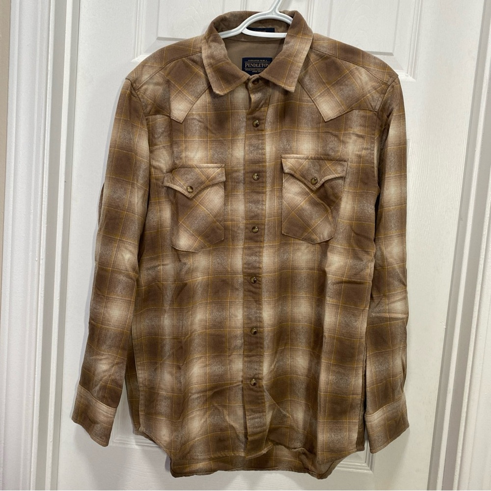Pendleton Canyon 100% Virgin Wool Plaid Pearl Snap Shirt Men's Size Medium Tan